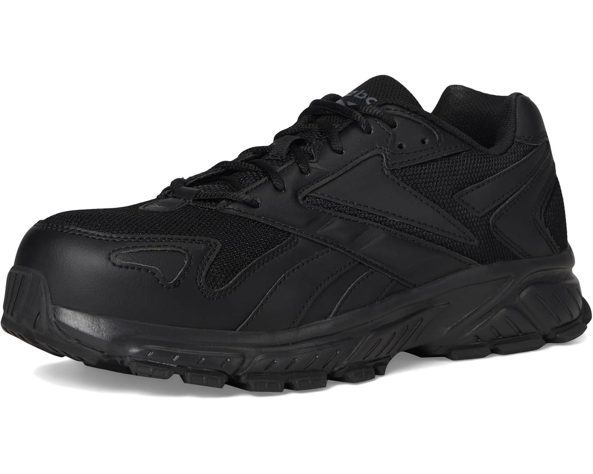 Men's black safety-toe Reebok work shoe, lace-up design with supportive side overlays