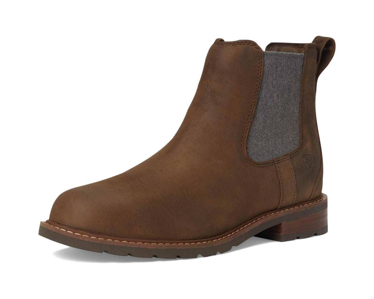 Palm brown leather Chelsea boot with gray elastic side panel and stacked heel