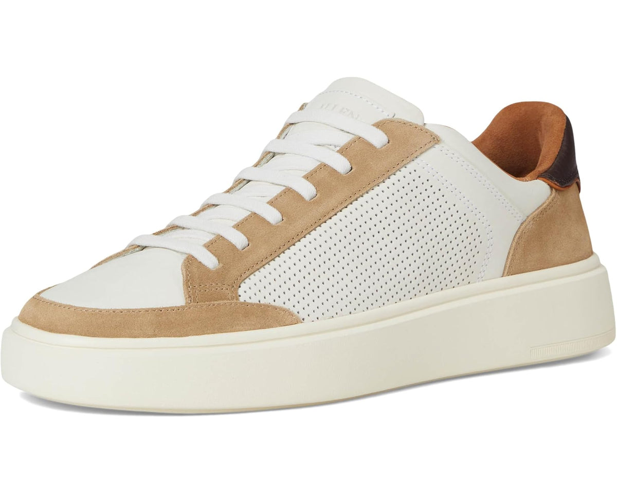 Men's court sneakers, angled front: bone white with tan suede inserts and cream chunky sole