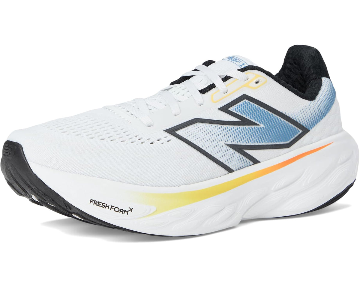 White running shoe with black outsole, blue upper and yellow accents, white laces