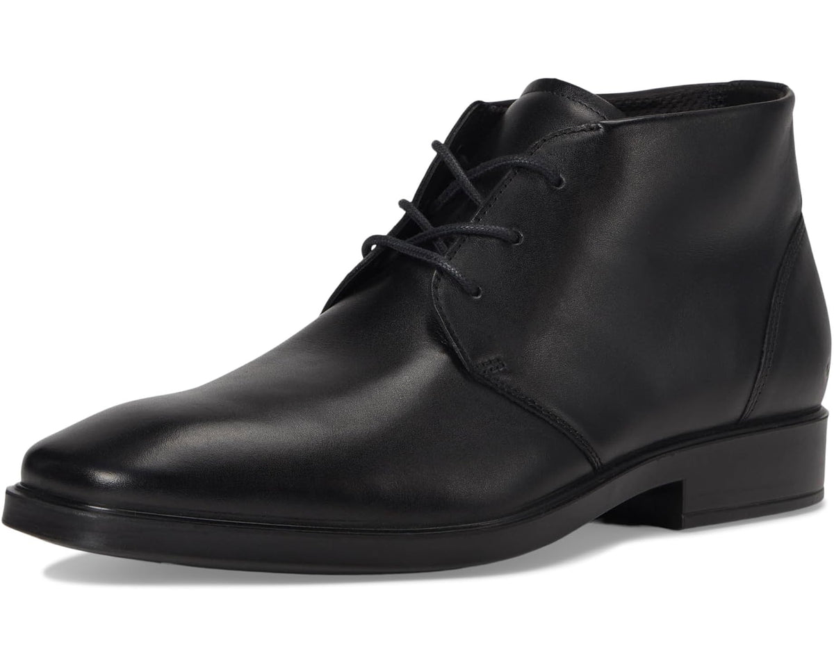 ECCO men's black leather chukka boots, three-quarter front view