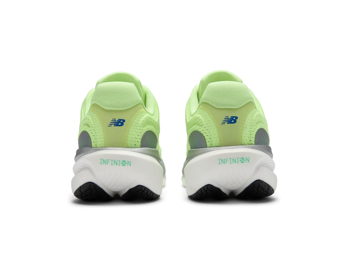 Men's New Balance 1080v15 shoes rear view, neon green heel with INFINIFUSION midsole