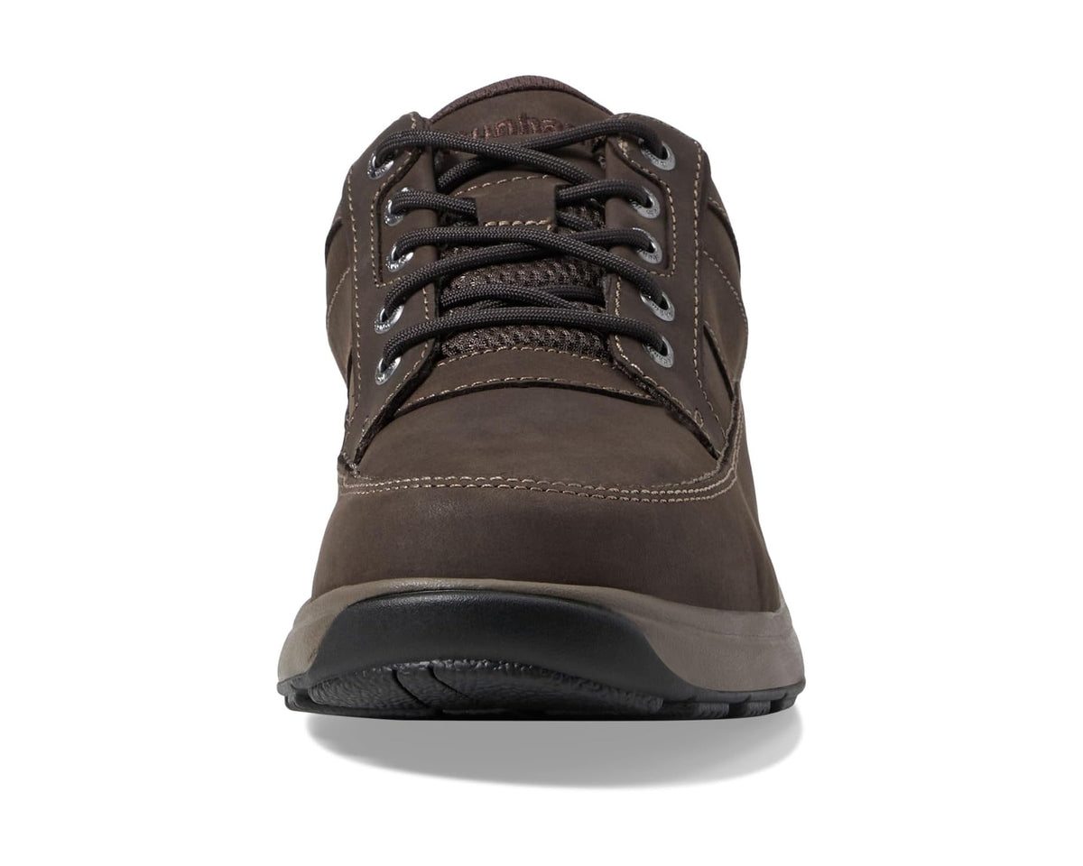 Brown nubuck lace-up oxford shoe, front view with dark laces and cushioned collar