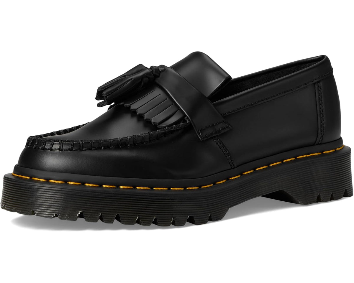 Black leather platform loafer with side tassel fringe and yellow welt stitching