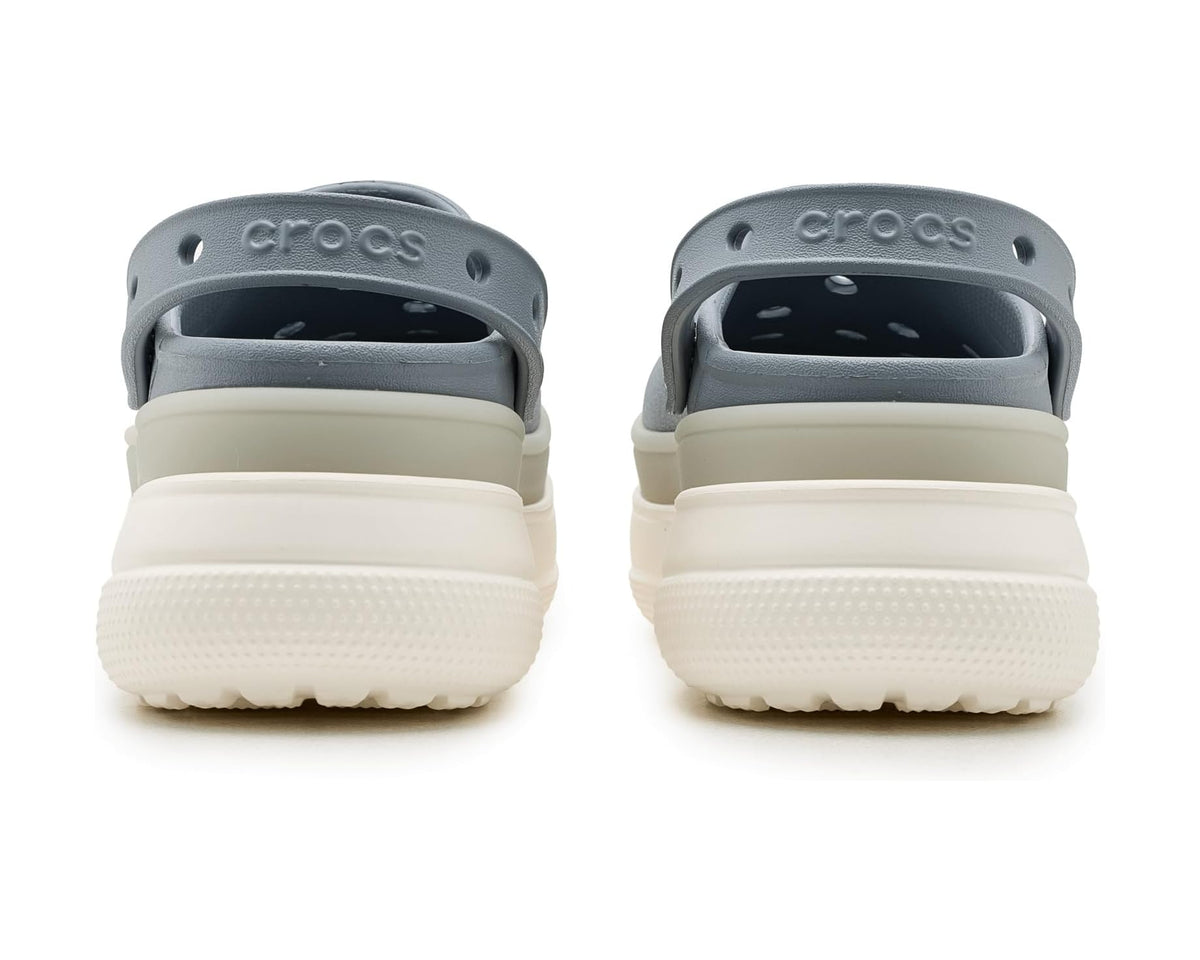 Unisex platform clog sneakers back view in light blue-gray with heel strap and thick sole