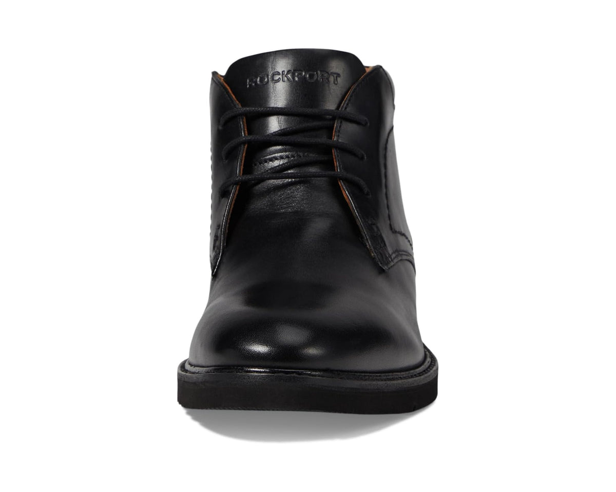 Black leather lace-up boot with Rockport branding on tongue