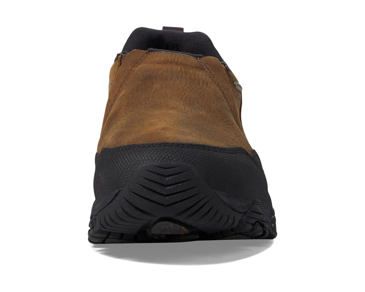 Back view of brown waterproof moc boot with black rubber sole and heel pull loop