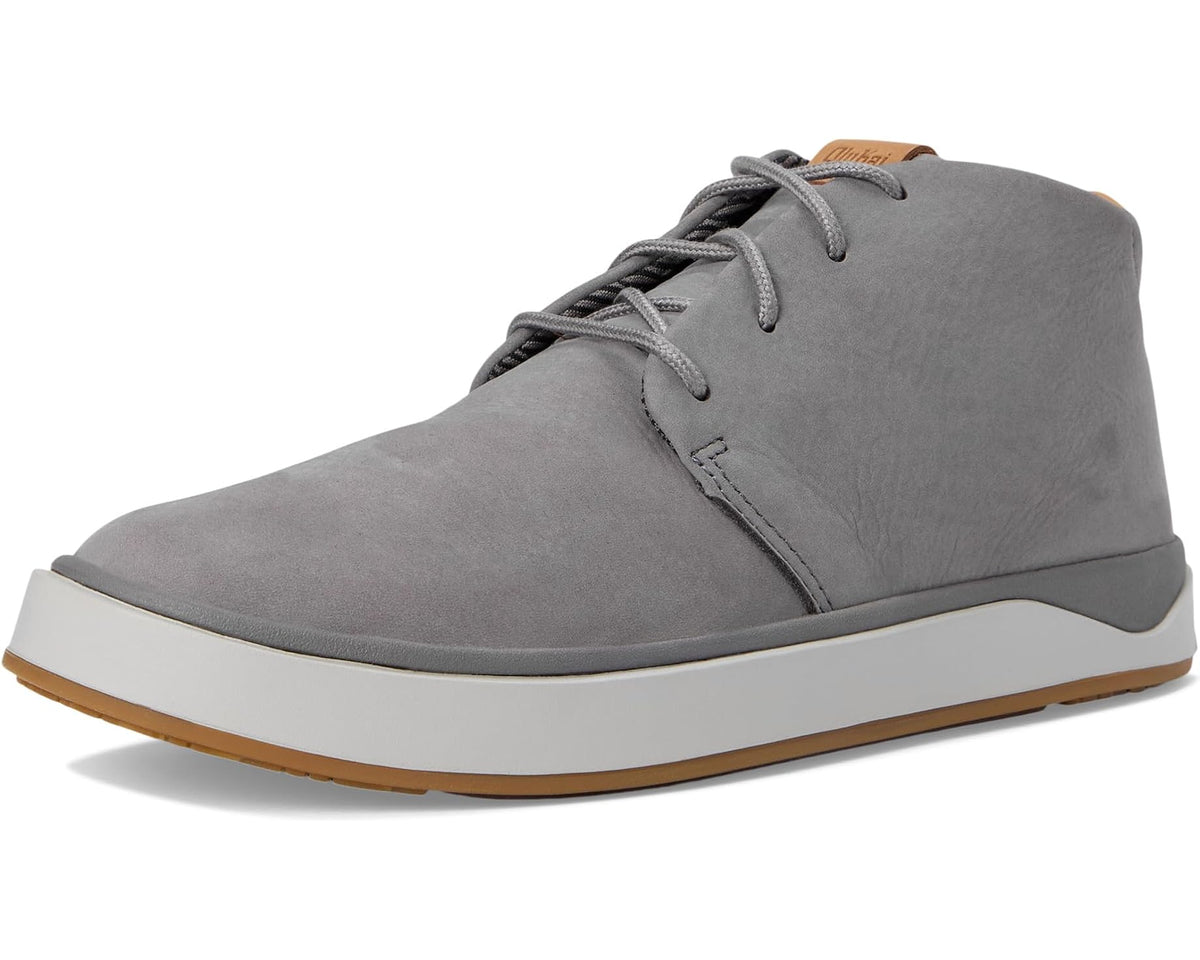 Graphite suede chukka boots, front 3/4 view with lace-up and off-white midsole