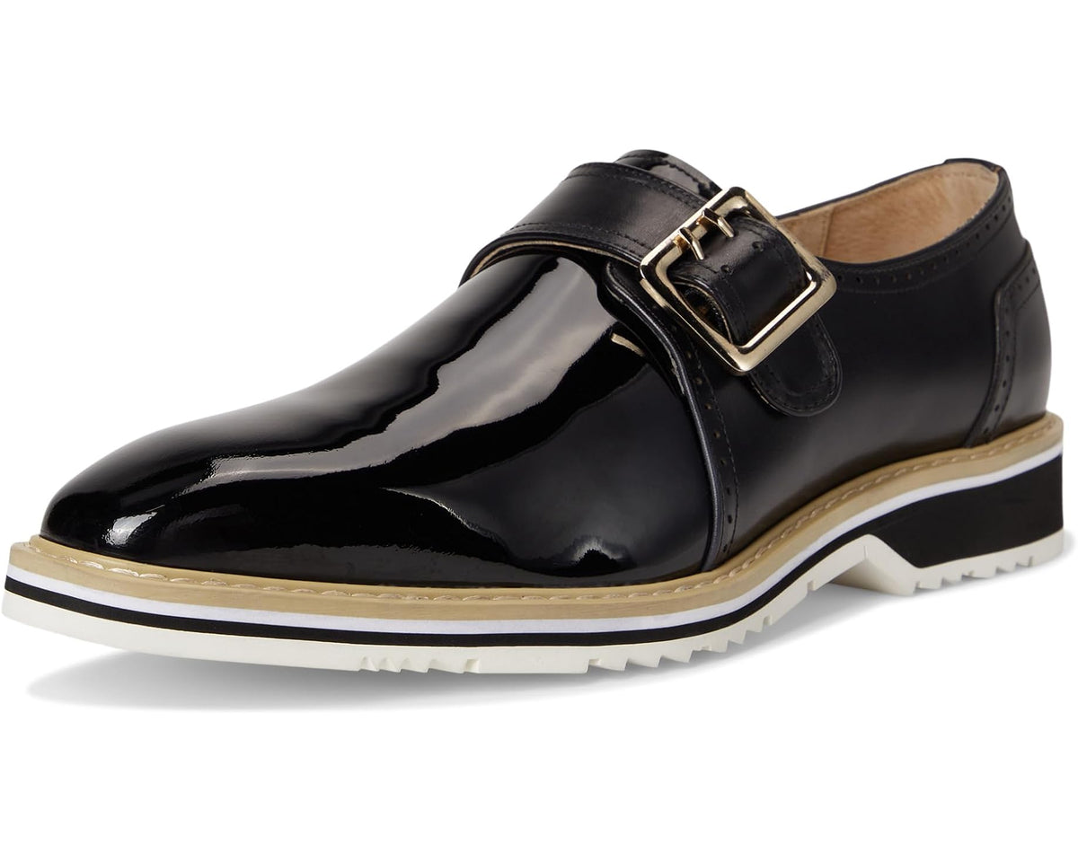 Men's black monk strap dress shoe front view with glossy finish and buckle strap