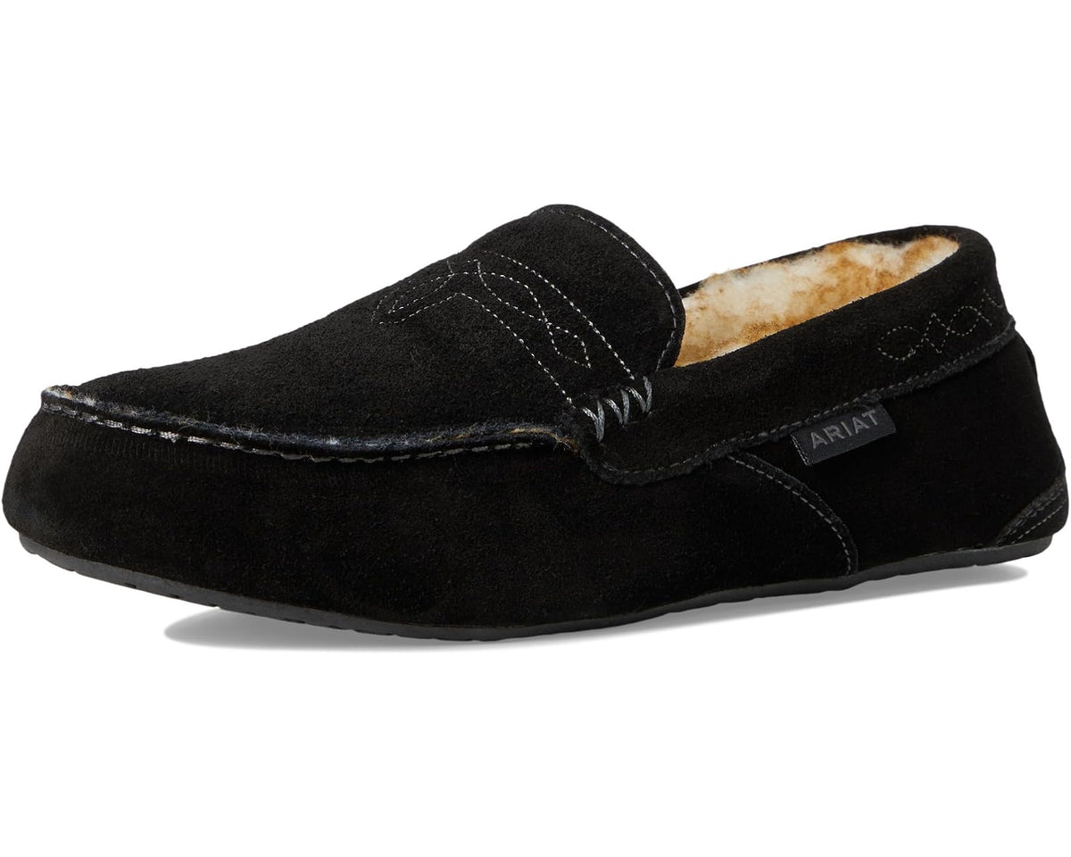 Black suede moccasin slipper with moc toe stitching and Ariat-branded collar
