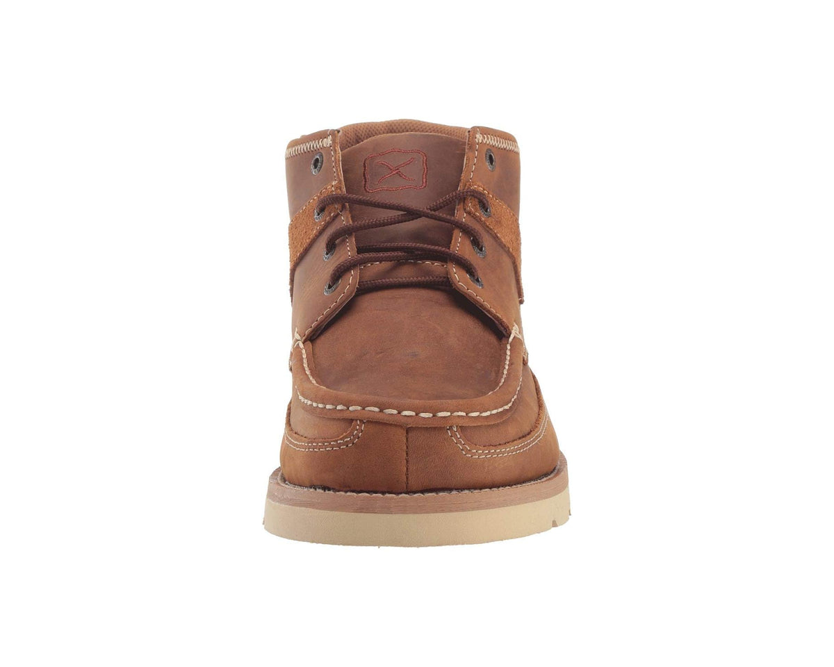 Brown leather lace-up boot with logo patch on padded tongue and rubber sole