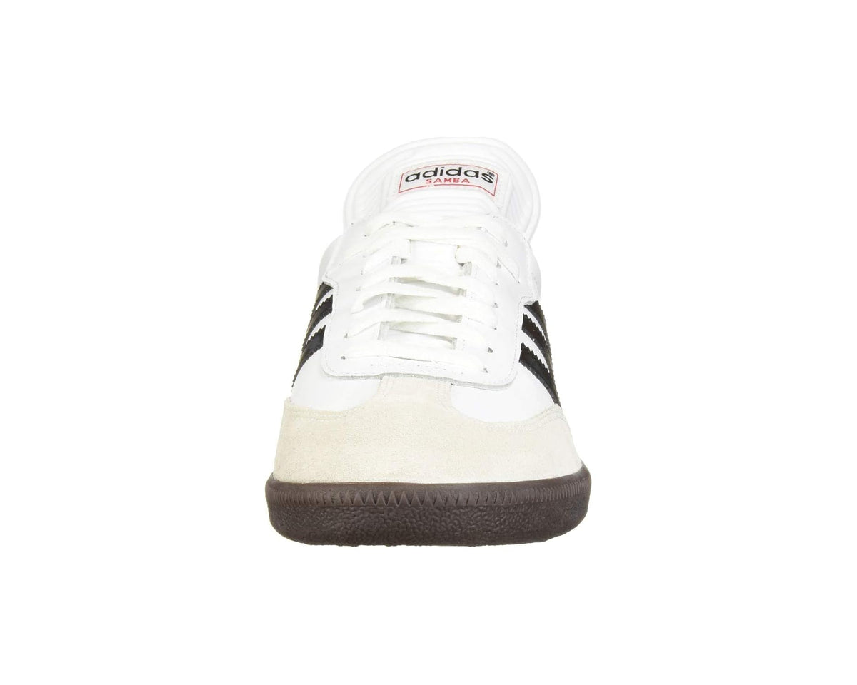 Unisex adidas Samba® soccer cleat, front view in white with black stripes and gum sole