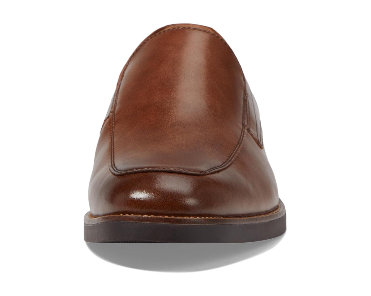 Cognac brown leather loafer back view with sleek toe and stitched heel counter