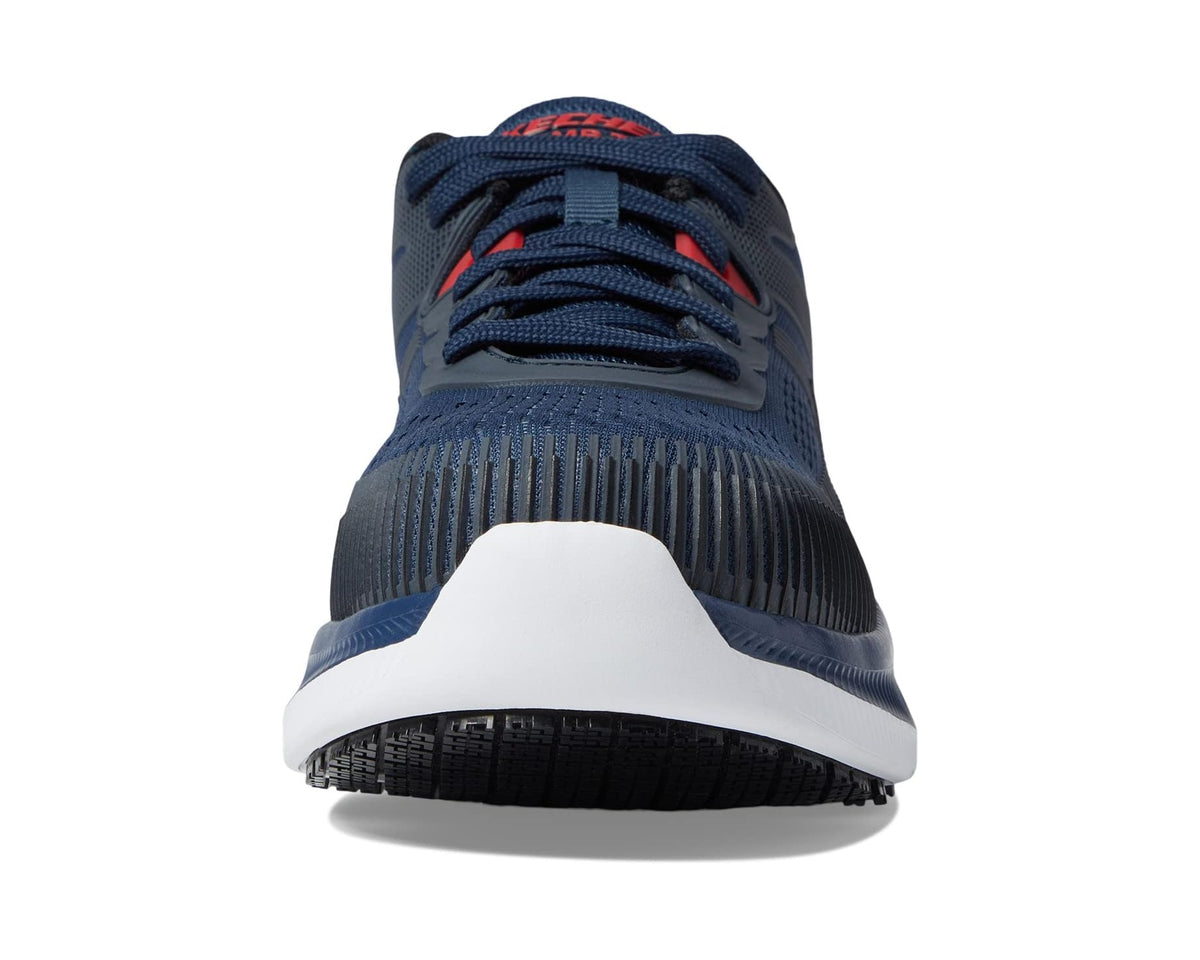 Navy lace-up work safety sneaker with white midsole and textured toe area
