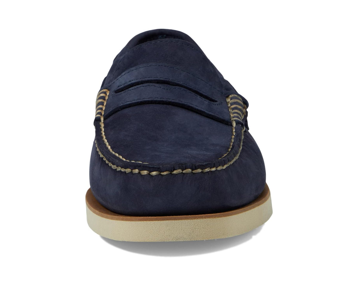 Sperry navy suede penny loafer back with rawhide laces and tan rubber sole