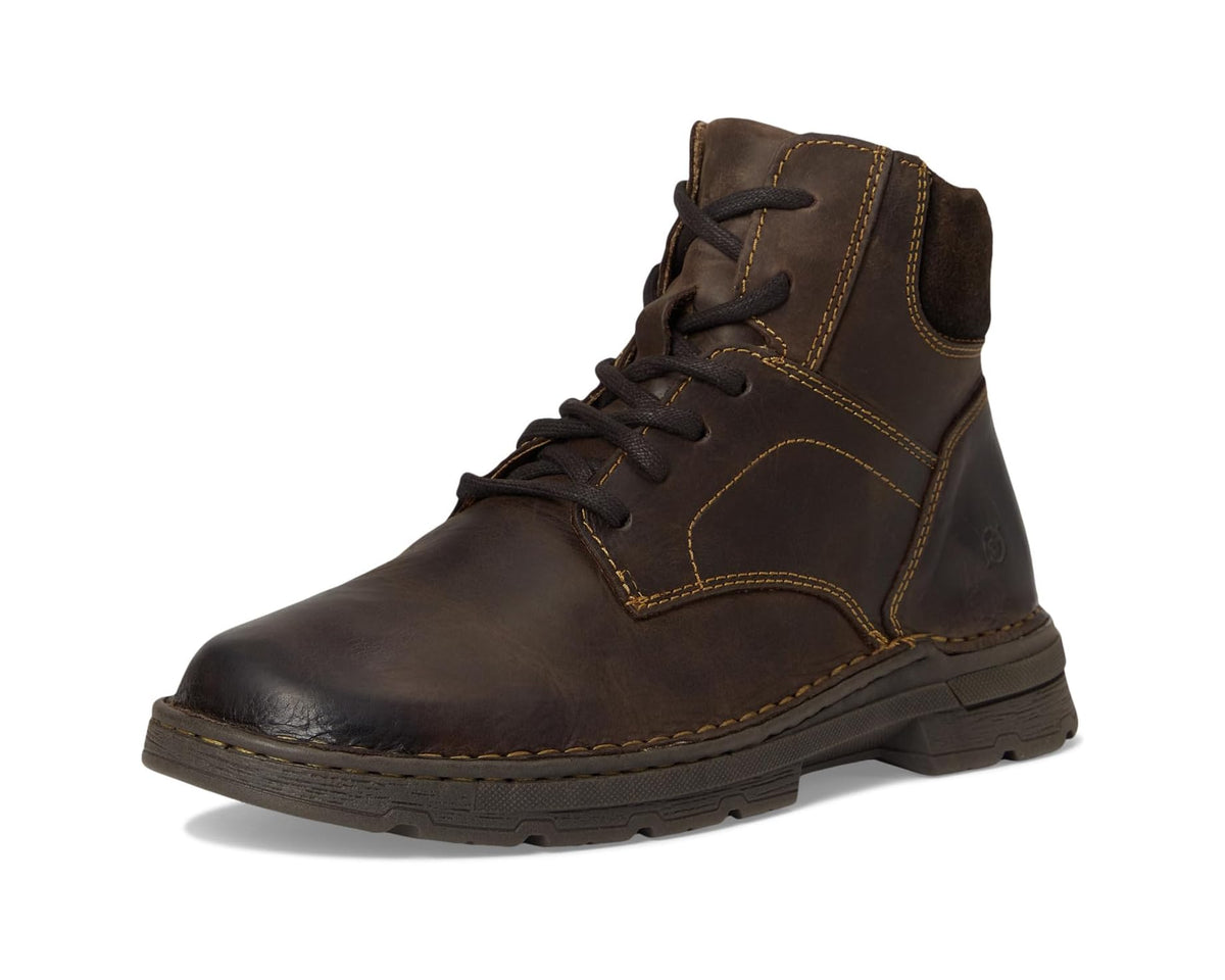 Brown lace-up ankle boot front three-quarter view with contrast yellow stitching