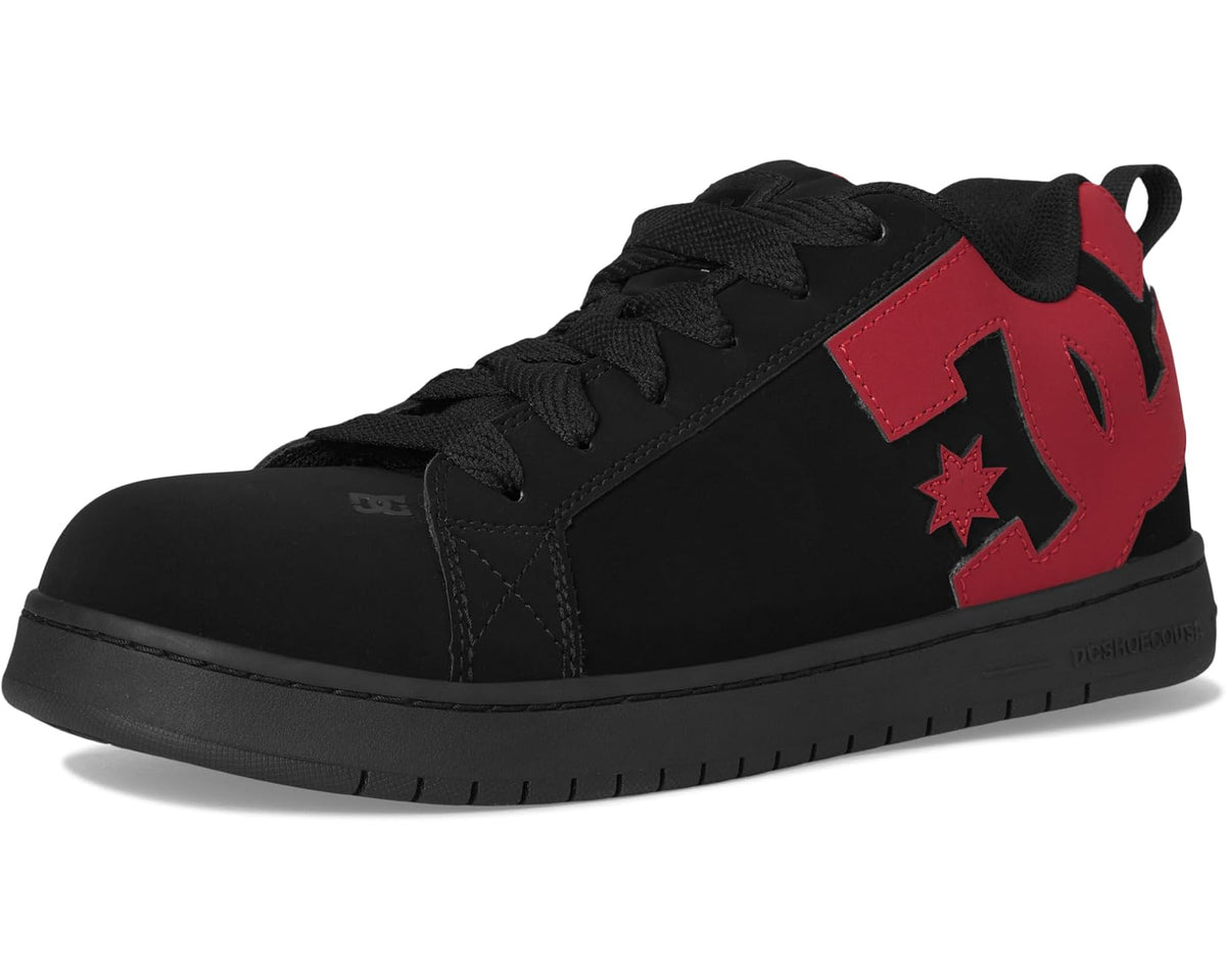 Men's black and red lace-up work sneaker front quarter view with red DC mark