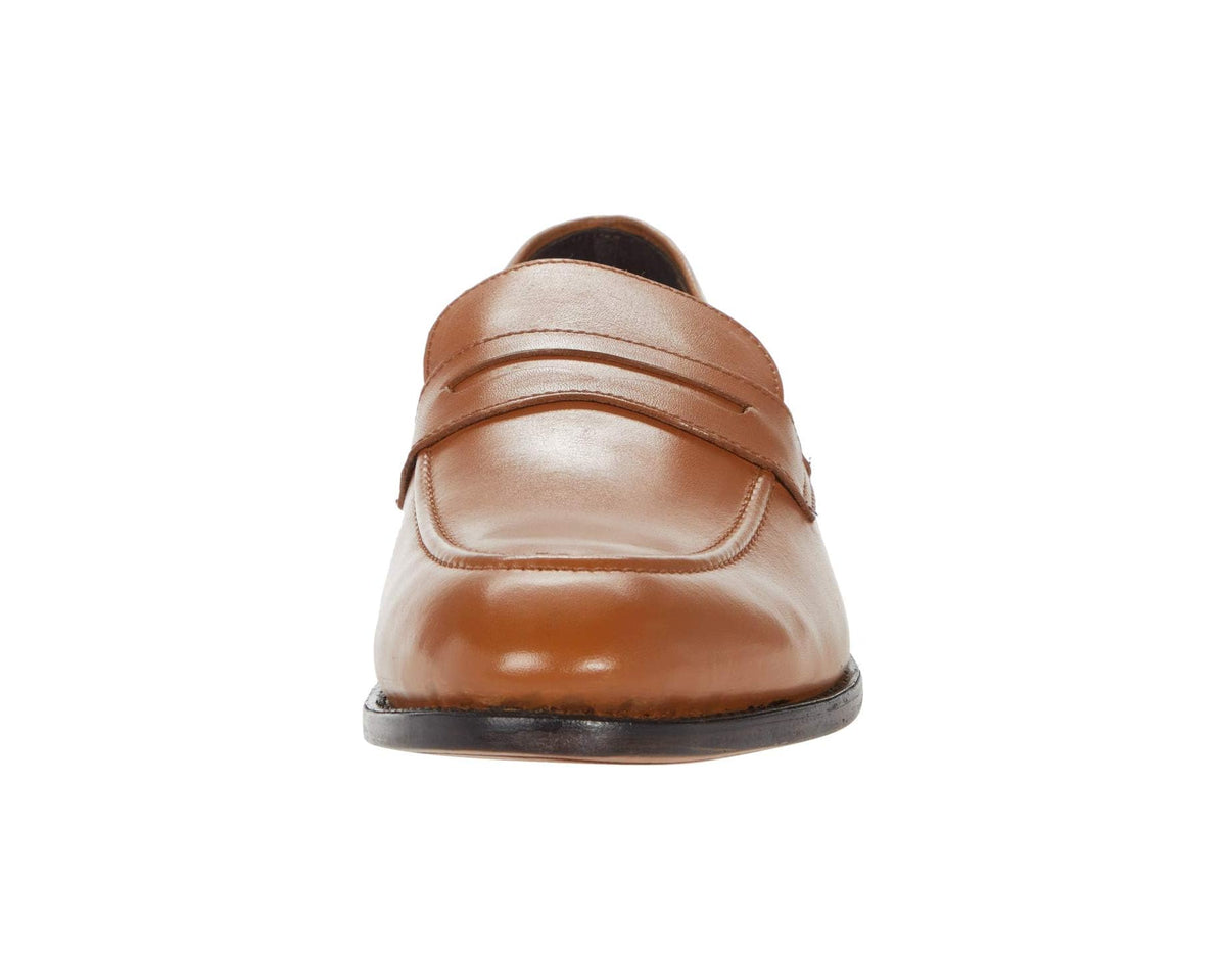 Tan leather penny loafer rear view with seam lines and low block heel