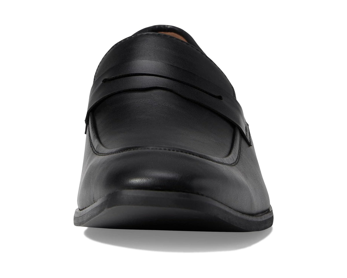 Men's black leather loafer back view with cushioned heel and pull-on topline