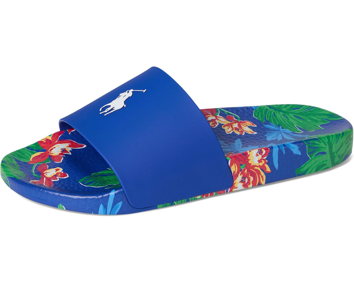 Floral-print slide sandals with royal-blue strap and multicolor tropical print