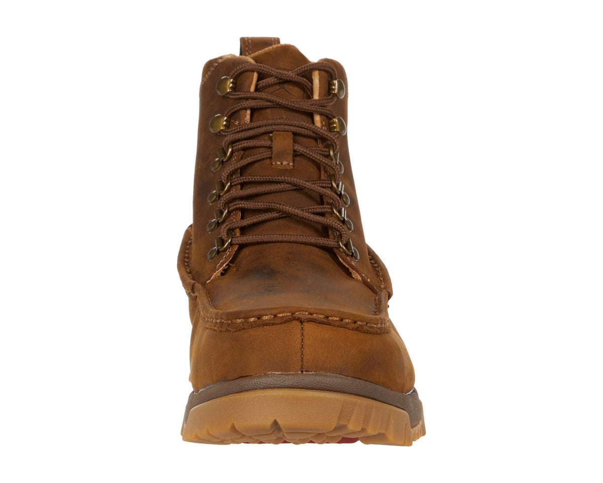 Men's brown lace-up ankle boot back view with collar and lace hooks