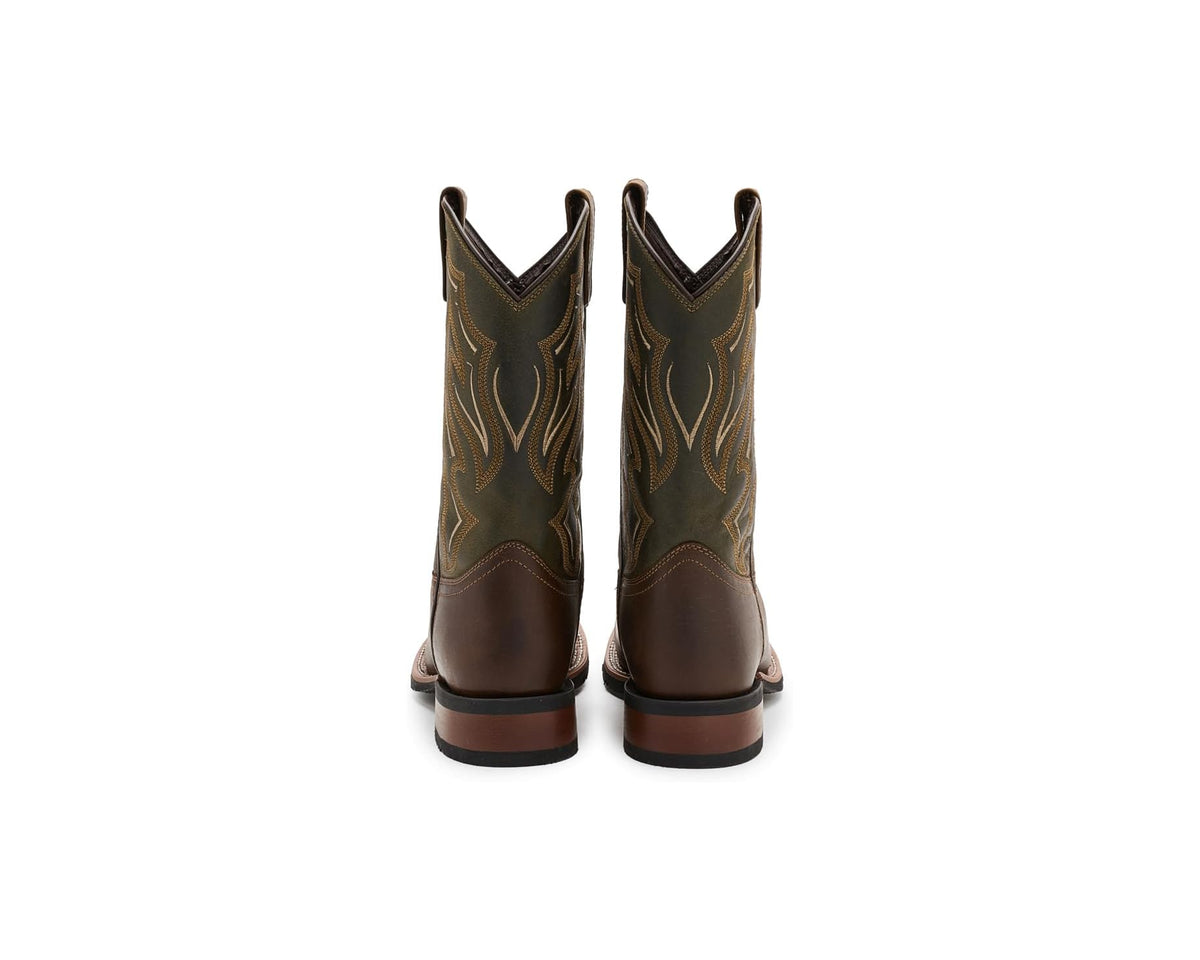 Back view of brown cowboy boots with stacked heel and pull tabs