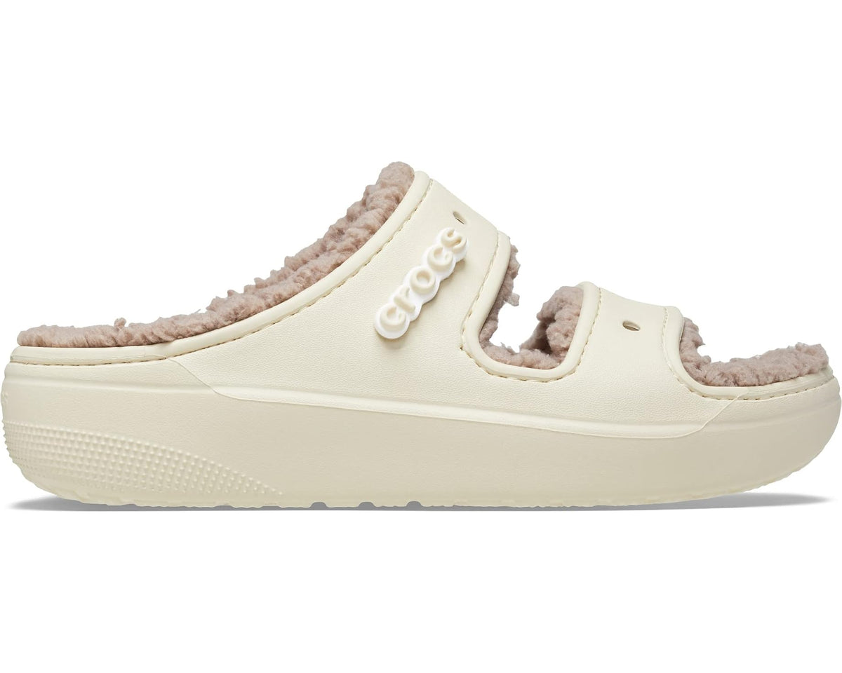 Crocs unisex slide sandals with plush collar, side logo, light bone and taupe.