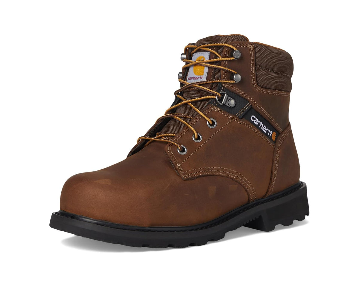 Brown leather lace-up work boot with padded collar and black rubber outsole tread