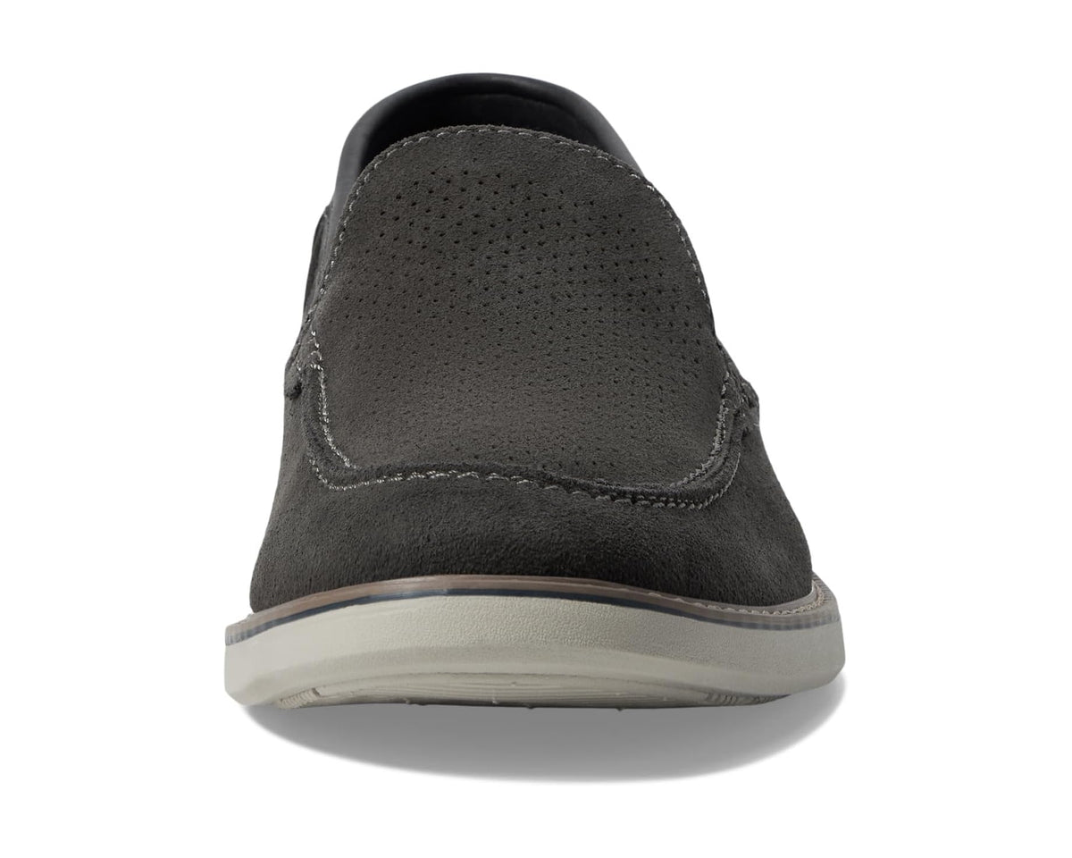 Grey suede moc-toe slip-on loafer heel with cushioned collar and rubber sole