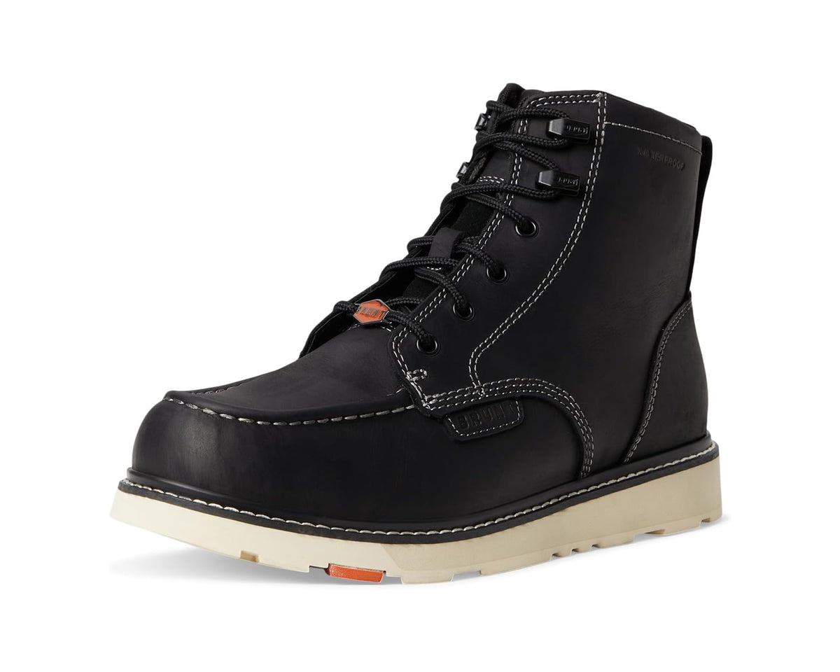 Black BRUNT soft-toe lace-up boot with round toe, welt stitching, and beige sole
