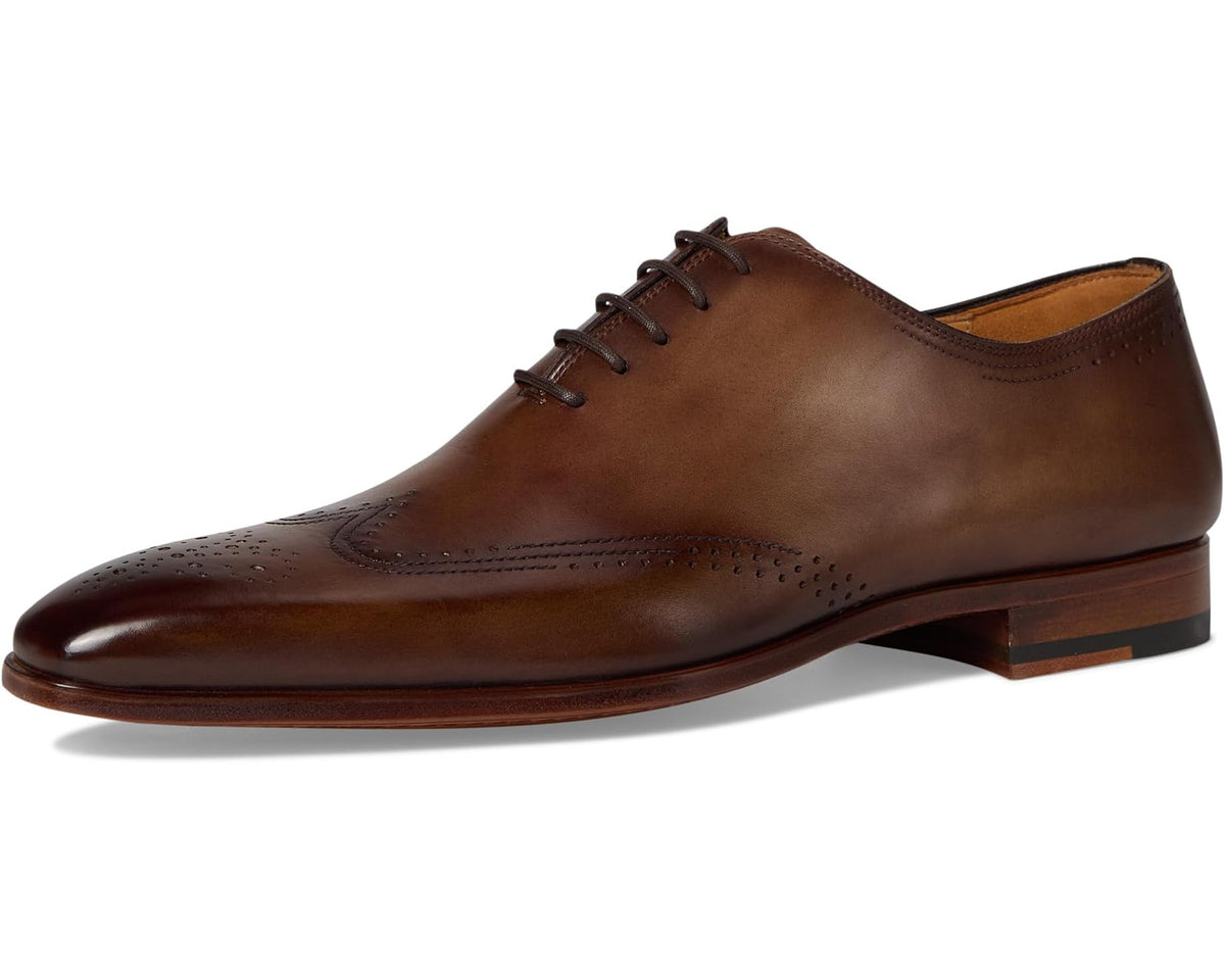 Men's taupe-brown leather oxford shoe with lace-up front and perforated toe