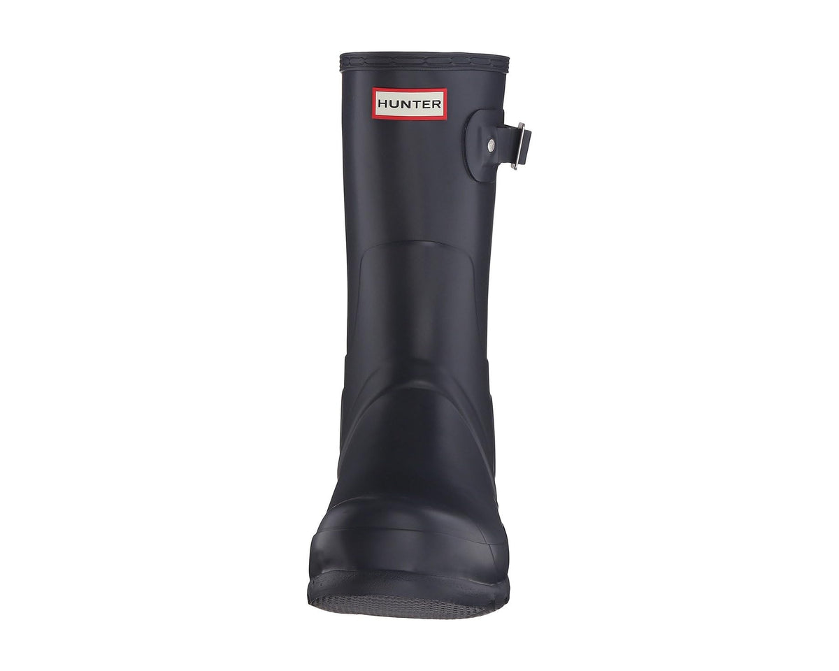 Men's dark navy rain boots with Hunter label and side buckle closure