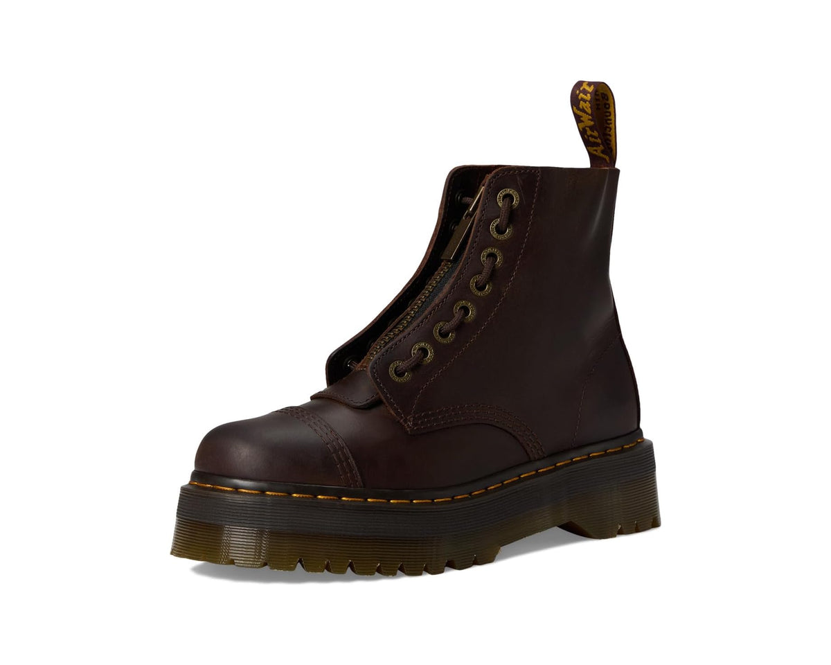 Dark brown leather lace-up platform boots with yellow welt stitching and pull tab.
