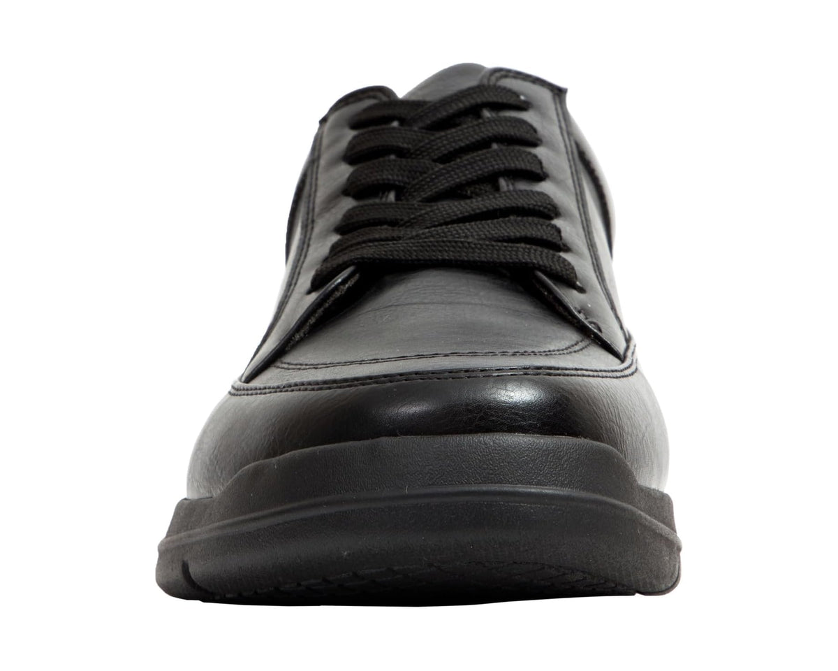Men's black leather lace-up sneaker front view with rounded toe and laces