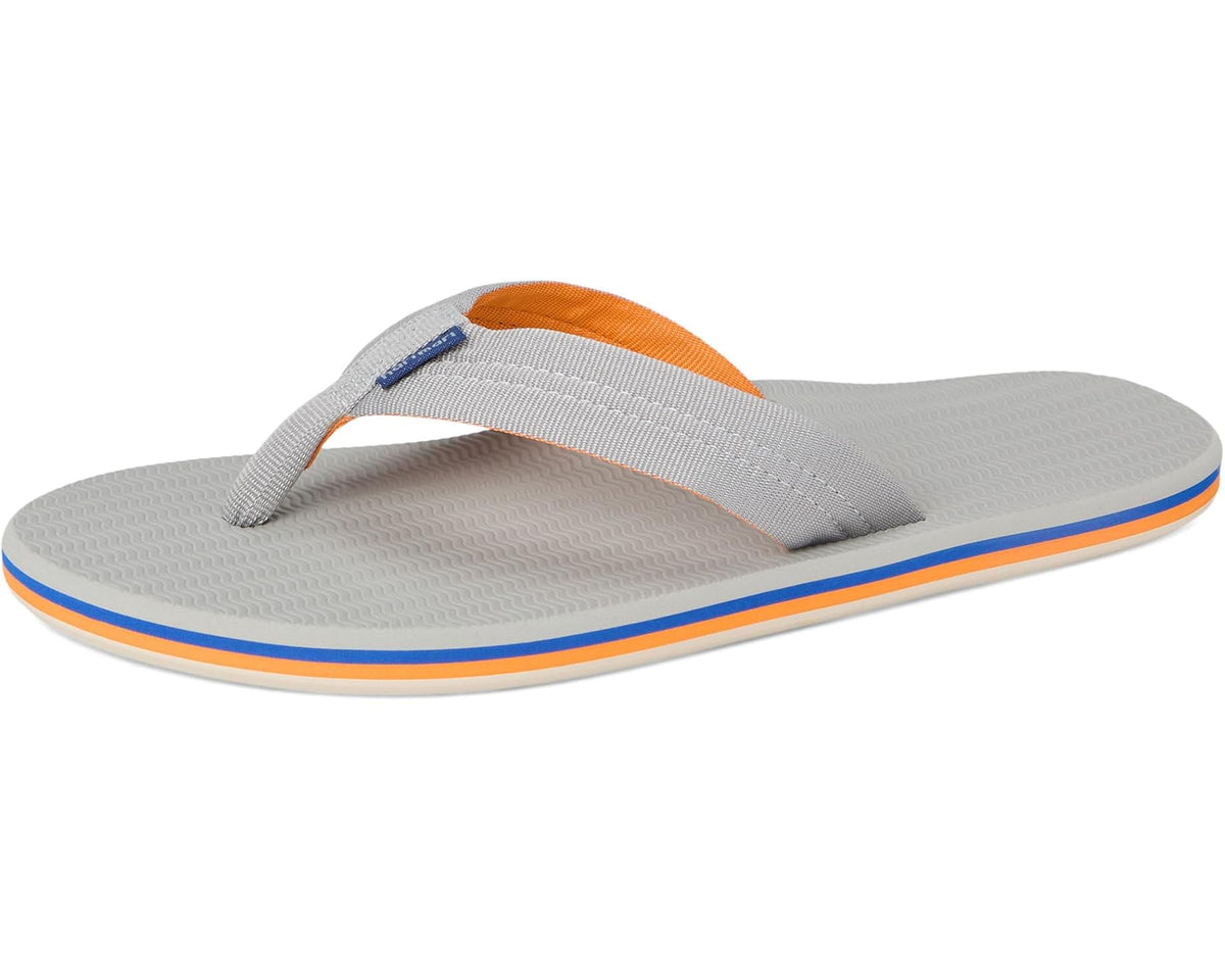 Men's hari mari flip-flops angled view in light gray with orange straps and blue trim