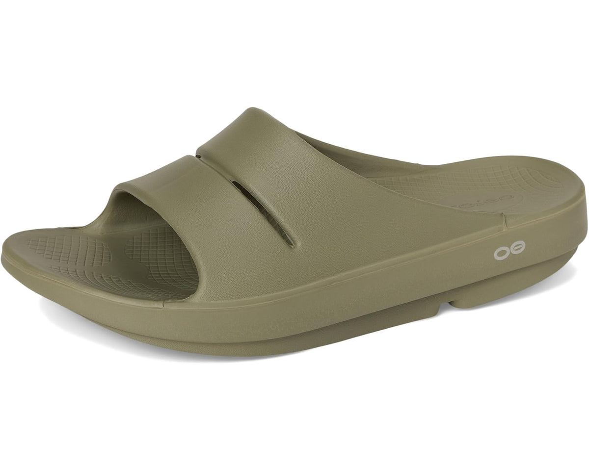 OOFOS foliage olive slide sandal front view with toe opening and cushioned sole