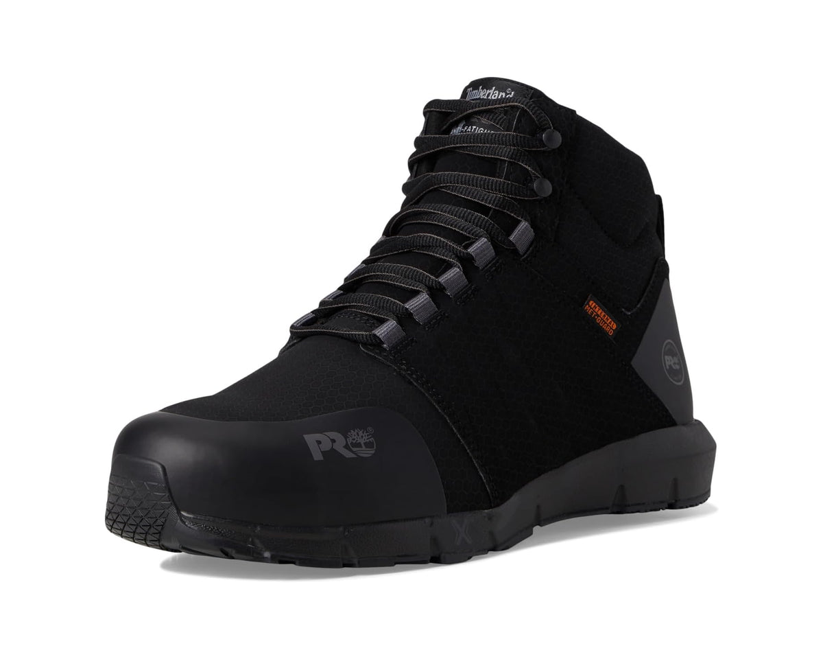 Black mid safety work boot with PR logo and lace-up front