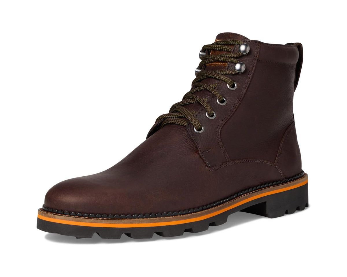 Men's walnut leather lace-up bad weather boot with orange-trim rugged outsole