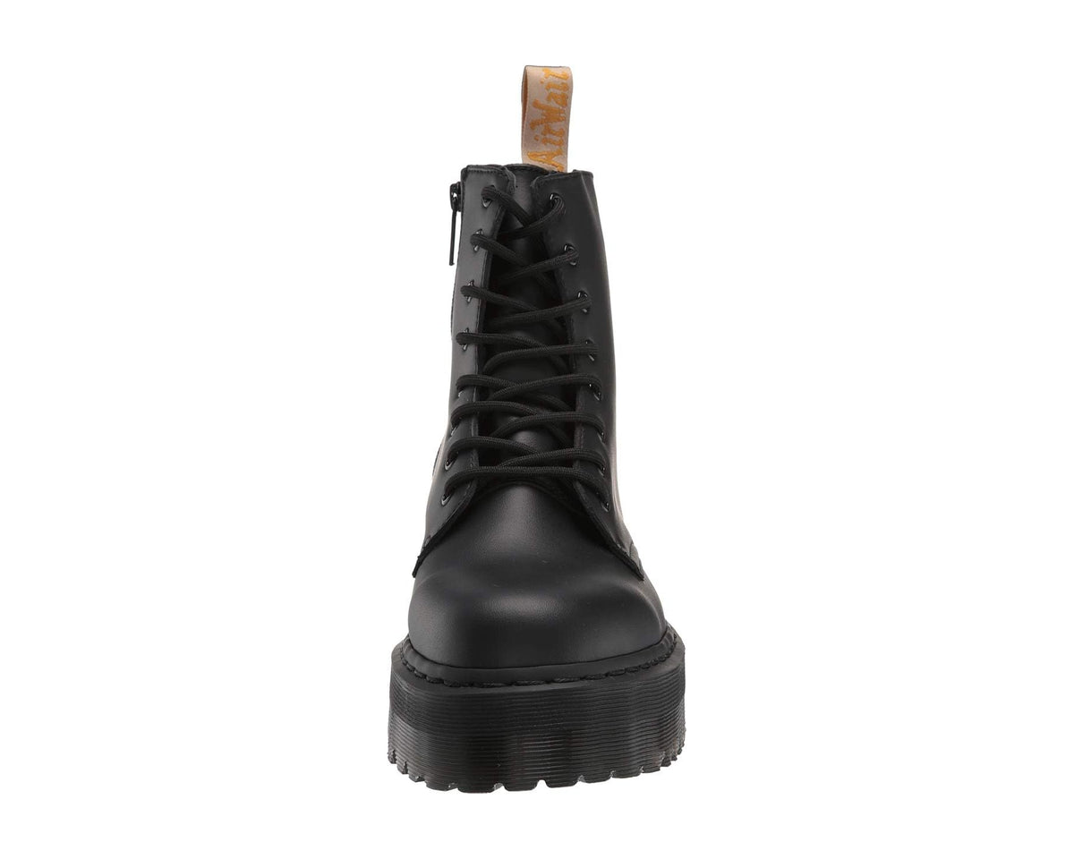 Dr. Martens Jadon II vegan black boots, straight-on view with lace-up upper and heel tab