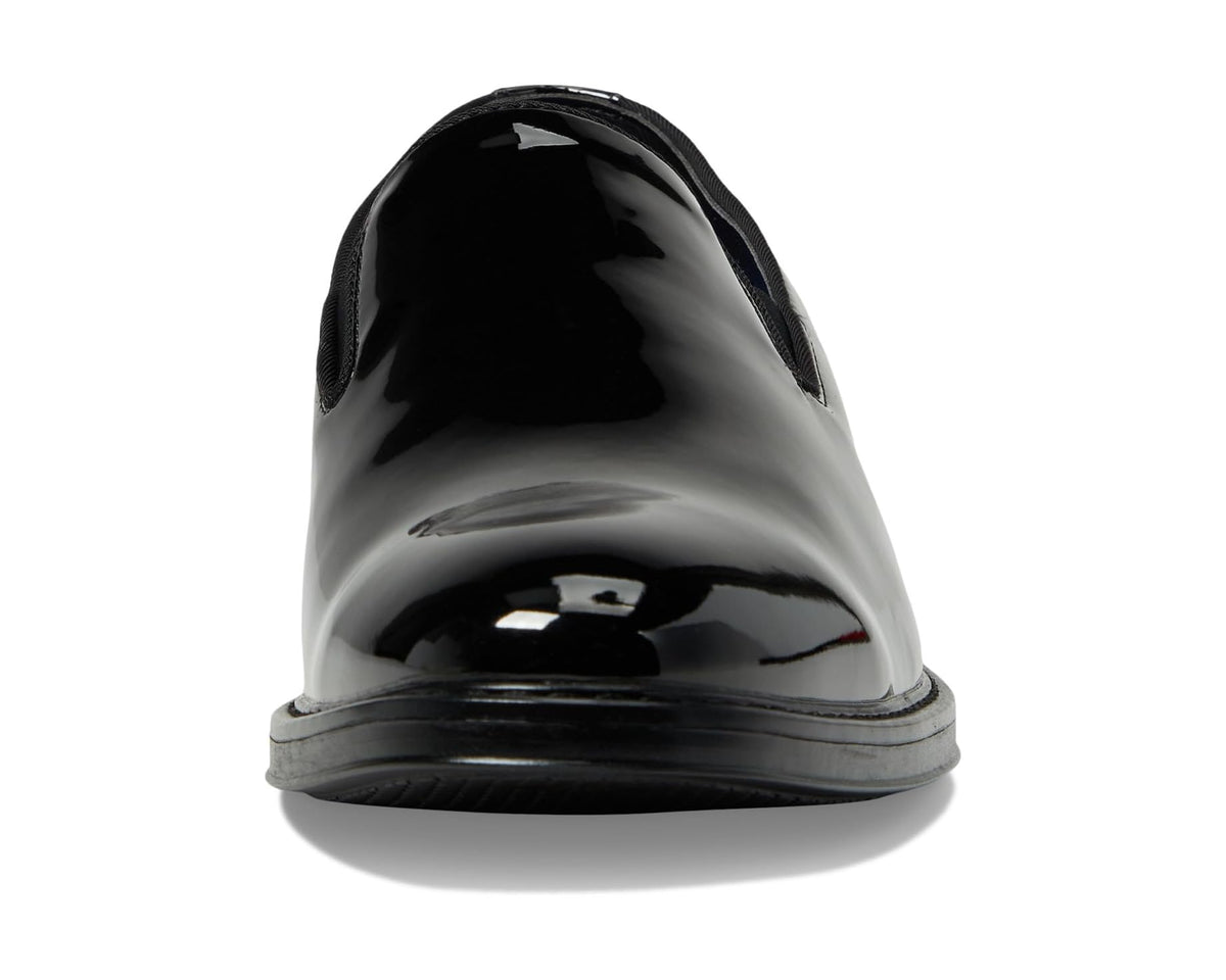 Black patent slip-on loafer with rounded plain toe and glossy finish