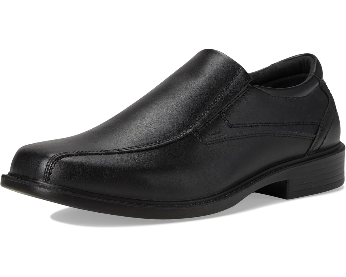 Black slip-on loafer with stitched vamp panels and low block heel