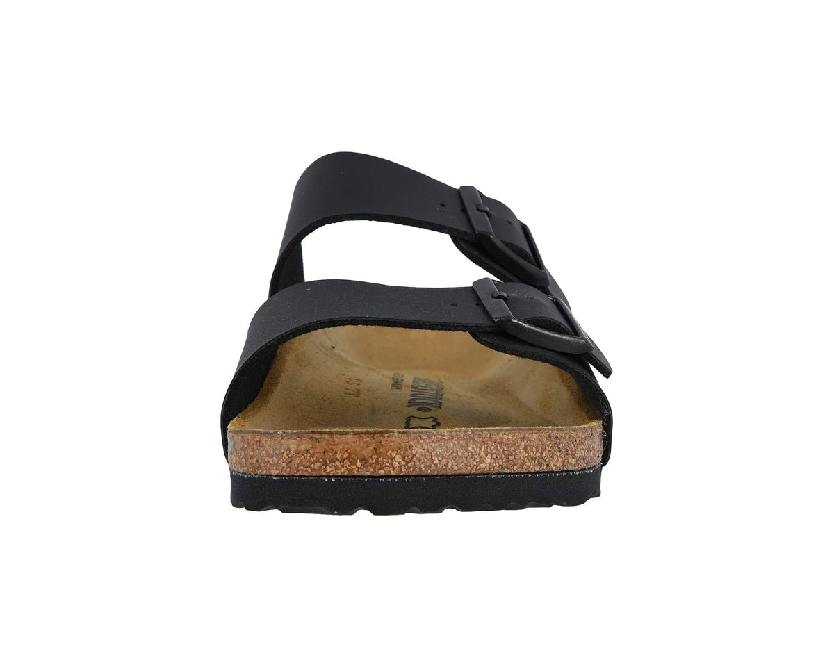 Birkenstock Arizona black sandal heel view with two buckled straps