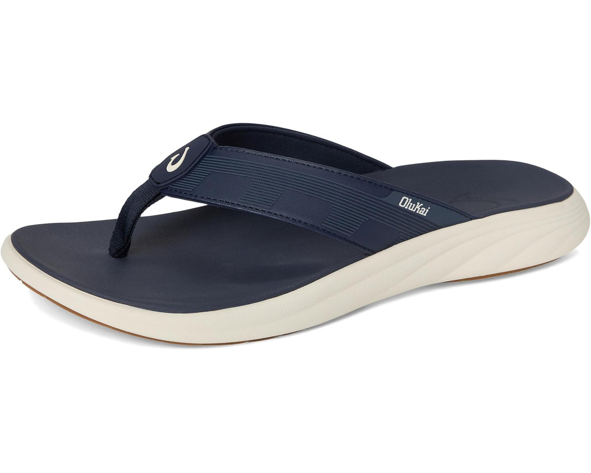 Men's OluKai flip-flops in Mood Indigo with logo on strap and off-white sole