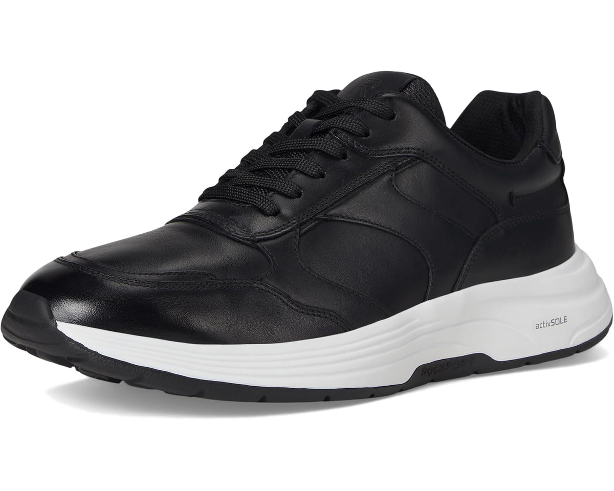 Men's black leather lace-up sneaker with sculpted panels and white outsole