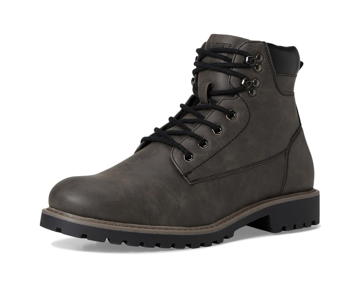 Men's charcoal lace-up ankle boot in profile with black treaded sole.