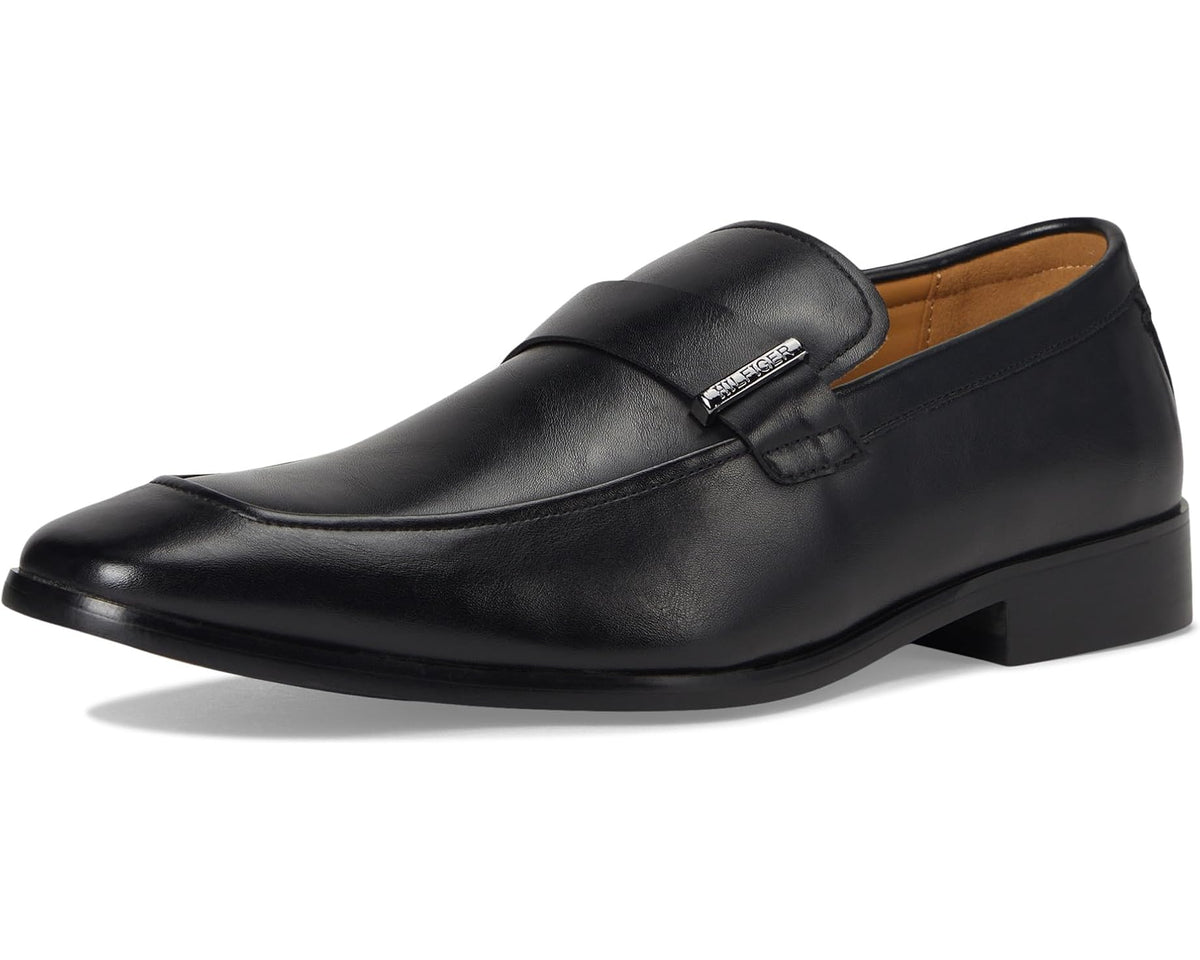 Black leather slip-on loafer with metal bar keeper and smooth upper