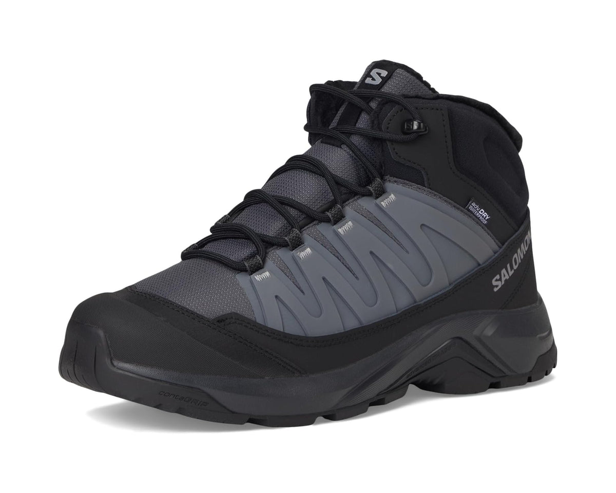 Men's Salomon lace-up hiking boot in black and gray with rugged midsole