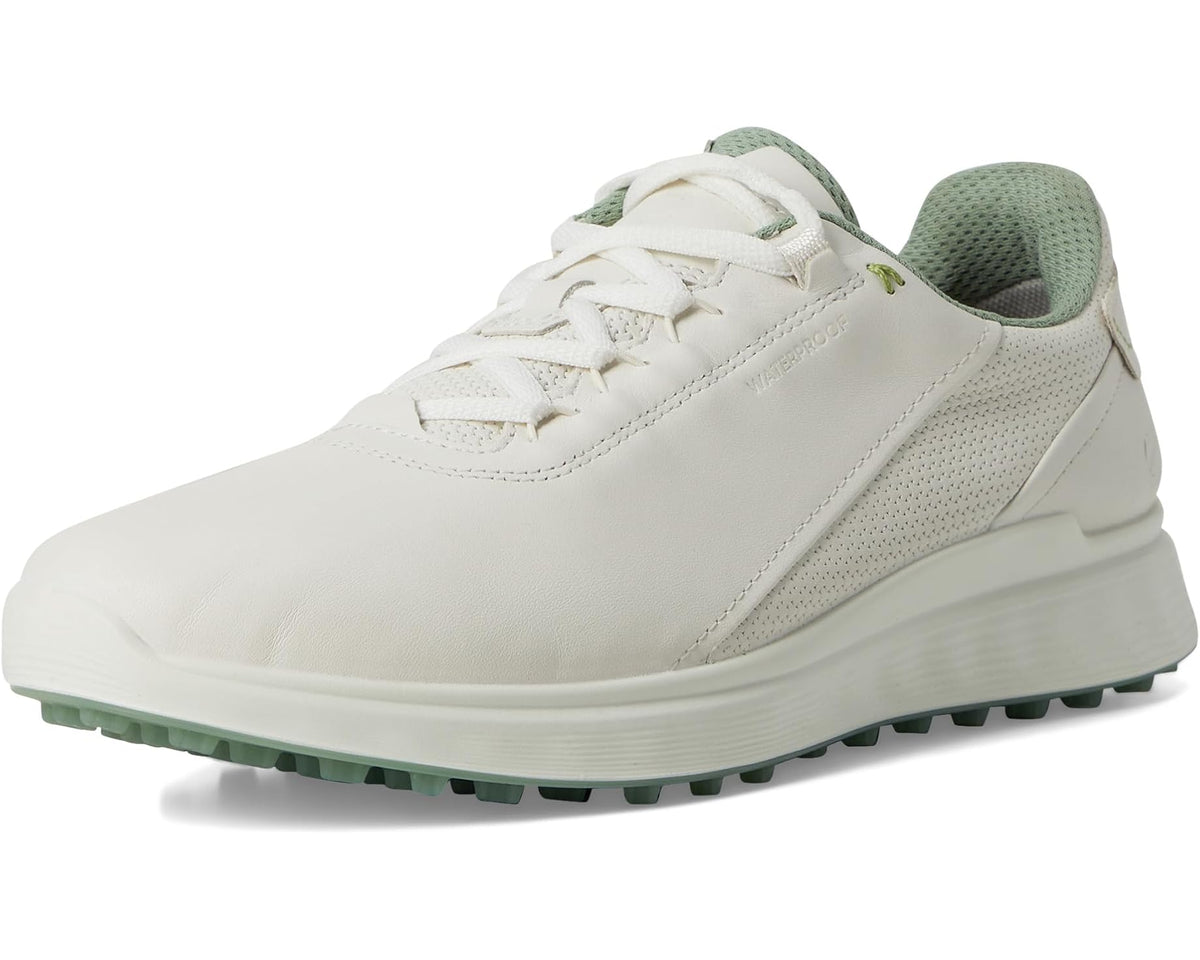 White ECCO Golf lace-up golf shoe with green outsole tread and collar