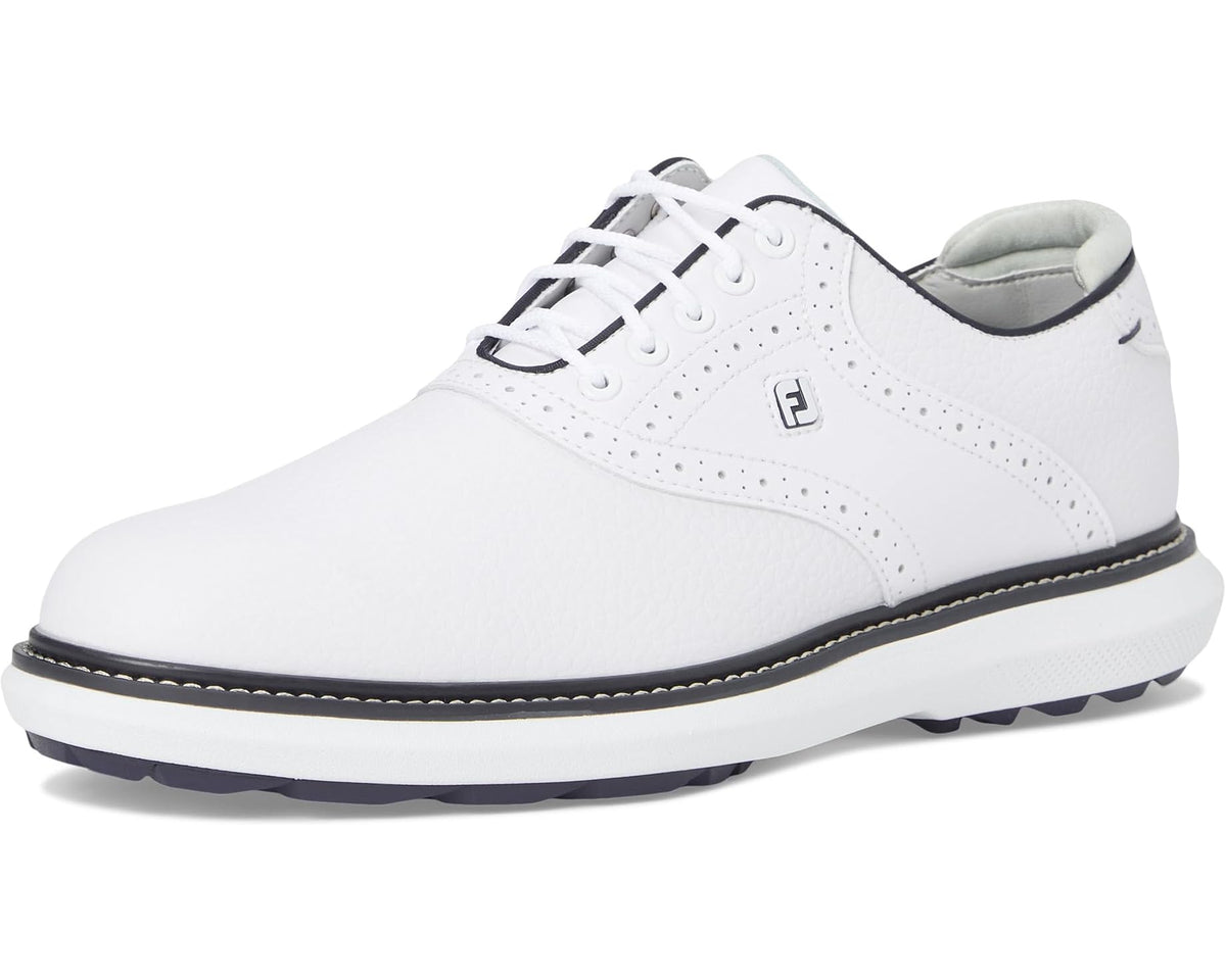 Men's FootJoy spikeless golf shoes, white upper with navy sole trim