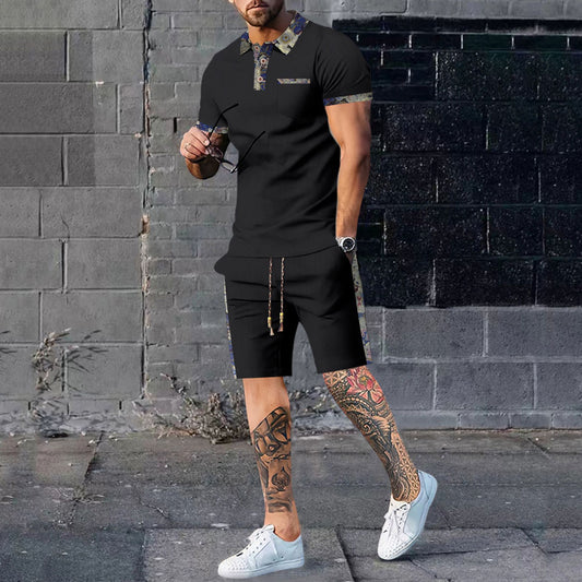 Men's black polo shirt and matching shorts set, short sleeves, button placket, drawstring